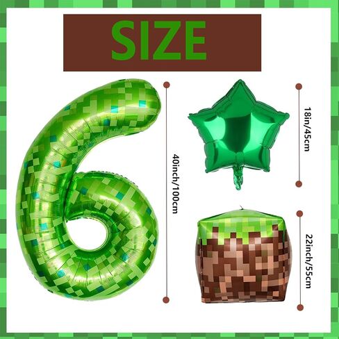 10Pcs 40 Inch Green Pixel Miner Number 6 Foil Balloon Set Large Mylar Mining Theme 6th Number Balloons for Boys Girls Pixel Cubes Boxes Video Game Birthday Party Decorations in Kuwait
