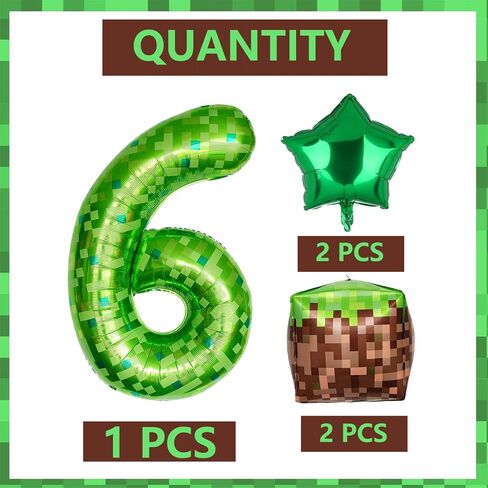 10Pcs 40 Inch Green Pixel Miner Number 6 Foil Balloon Set Large Mylar Mining Theme 6th Number Balloons for Boys Girls Pixel Cubes Boxes Video Game Birthday Party Decorations in Kuwait