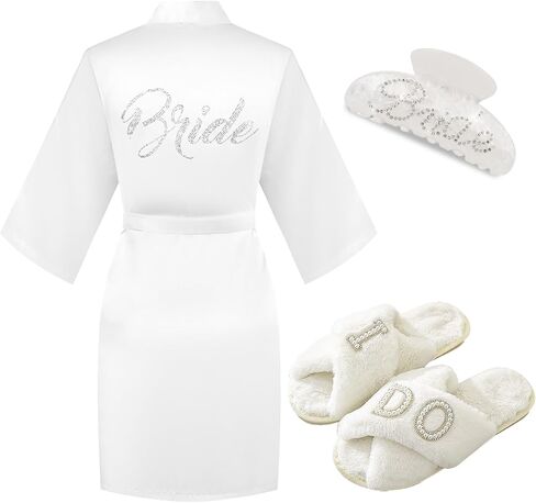 Bride to Be Gift Set, I Do Bride Slippers, Bride Robe Hair Claw Bride Patch MRS Cosmetic Bag Bangle Earrings Necklace (Slippers+Makeup Bag+Robe+Clip) in Saudi Arabia