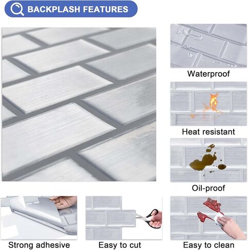 بلاط 10 ورقات قابلة للتقشير واللصق باكسبلاش، عصا ملونة خفيفة مقاس 30.48 سم × 30.48 سم على بلاط الحائط للمطبخ in Kuwait