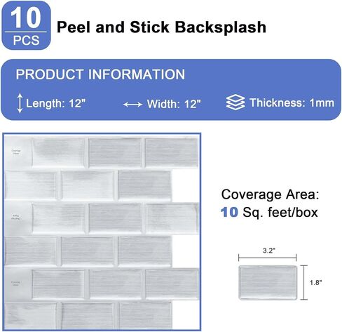 بلاط 10 ورقات قابلة للتقشير واللصق باكسبلاش، عصا ملونة خفيفة مقاس 30.48 سم × 30.48 سم على بلاط الحائط للمطبخ in Kuwait