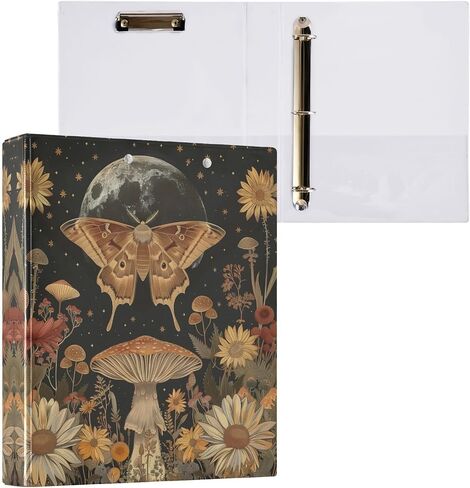 Moth Mushroom Flower Printed 3-Ring Binder for School Office, 1.5 Inch Round Ring Binder for Home Recipe Budget Aesthetic Binder with Pocket Metal Non-Slip Clip Holds 200 Sheets of Paper in Saudi Arabia