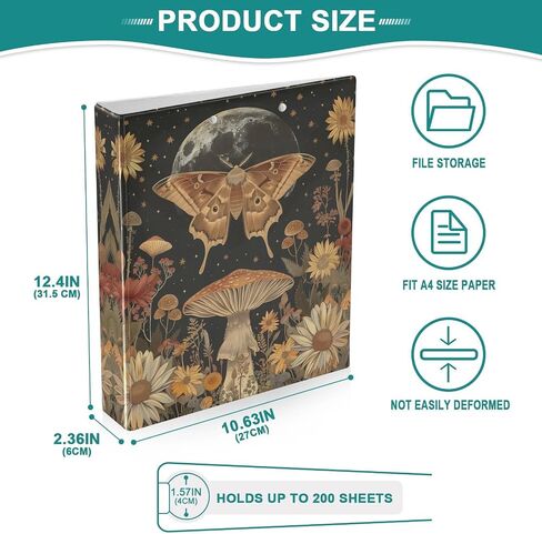 Moth Mushroom Flower Printed 3-Ring Binder for School Office, 1.5 Inch Round Ring Binder for Home Recipe Budget Aesthetic Binder with Pocket Metal Non-Slip Clip Holds 200 Sheets of Paper in Saudi Arabia