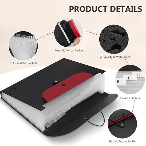 Uquelic Accordion File Organizer, Expanding File Folder with Detachable Pouch, File Folder Organizer Holds A4 Documents, Receipt, Tie-Closure Accordion Folder for Office, School, Travel(Red) in Kuwait