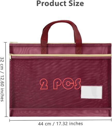 2 Pack Mesh Zipper Pouch Bags with Handle, A3 Transparent Document Storage Organizer, 16 x 12.6 in Large Double-Layer Nylon File Bag for School Office Supplies (Red) in Kuwait