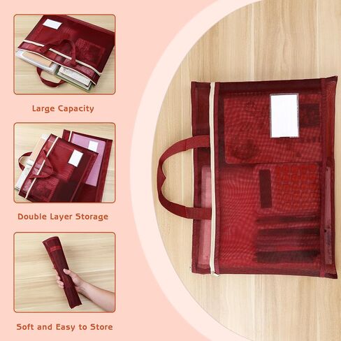 2 Pack Mesh Zipper Pouch Bags with Handle, A3 Transparent Document Storage Organizer, 16 x 12.6 in Large Double-Layer Nylon File Bag for School Office Supplies (Red) in Kuwait