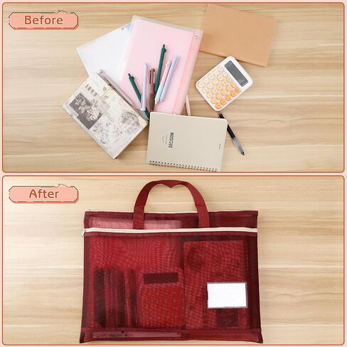 2 Pack Mesh Zipper Pouch Bags with Handle, A3 Transparent Document Storage Organizer, 16 x 12.6 in Large Double-Layer Nylon File Bag for School Office Supplies (Red) in Kuwait
