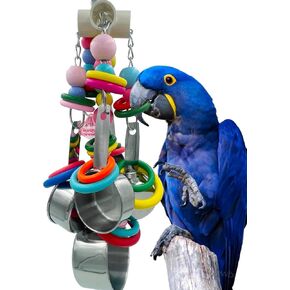 Metallic Pots and Multicolored Ring StringsToys, Pullable 5 Stainless Steel Cups and Wooden Ring Toys for Large and Extra Large Parrot Amazons Macaws African Greys Cockatoos Eclectus
