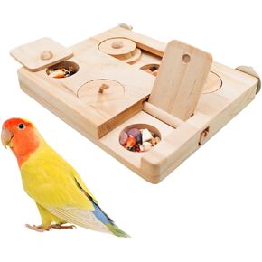 Wooden Bird Foraging Puzzle – Interactive Food Challenge Toy with Sliding Blocks & Locks | Cage-Mounted Enrichment for Budgies, Cockatiels, Conures