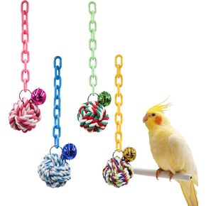 4-Pack Colorful Bird Chew Toys – Cotton Rope Balls with Chains & Bells for Small/Medium Parrots | Shredding & Play Enrichment for Budgies, Cockatiels, Lovebirds, Conures