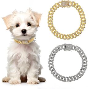 2 PCS Metal Dog Collar Chain Necklace，13mm Wide Cuban Link Dog Collar ，Bulldog Chain, Pet Metal Rhinestone Necklace Jewelry Accessories for Small-Dogs, Bulldogs, Cats(Gold, Silver)