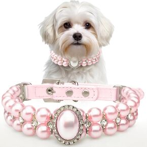 KUDES Small Dog Cat Big Pearl Collars with Crystal Rhinestone Diamond Décor, Adjustable Cute Fashion Pet PU Leather Necklace for Wedding Birthday Party (Pink, S(9''-11.5'') for Cats and Puppies)