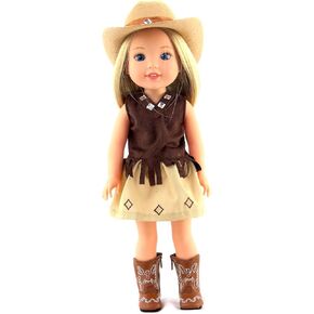 American Fashion World Brown Cowgirl Outfit for 14-Inch Dolls | Hat and Boots Included| Premium Quality & Trendy Design | Dolls Clothes | Outfit Fashions for Dolls for Popular Brands