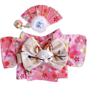 3Pcs Doll Clothes Sets – Handmade Japanese Kimono Outfit for Dolls 15cm/17cm, Headwear & Dress & Belt with Bow & Fox Mask, Cute Clothing Sets, Doll Not Included (Pink)