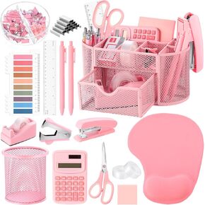 VAIPI 17 in 1 Pink Office Supplies Set Desk Organizers and Accessories with Mouse Pad, Calculator, Stapler, Tape Dispenser, Staples, Scissors, Pens, Sticky Notes, Page Markers for Office School Home