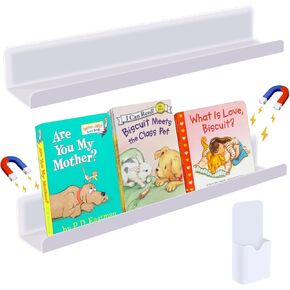 2 Pcs Magnetic Book Shelf for Whiteboard, Magnetic Book Holder Display Shelf with a Pen Container for Teacher Kids Classroom Office (White)