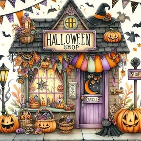 Halloween Pumpkin Bat Shop Diamond Art Kits for Adults, 5D Diamond Painting Kits for Adults Beginners, DIY Full Round Drill Diamond Dot Painting Gem Art Kits for Adult, Home Wall Decor 13.8x13.8 Inch