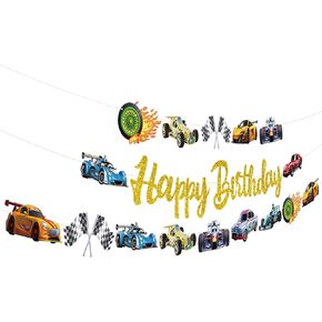 Race Car Party Banners 3Pcs Happy Birthday Garland Banners for Boy Girls Theme Baby Shower Race Fan Birthday Party Supplies