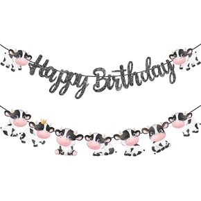 Cow Happy Birthday Banner Decorations Cow Print Birthday Party Supplies Black Glitter Cow Theme Birthday Banner Cow Birthday Decorations for Boy Girl’s Farm Animals Theme Party Barnyard Party Supplies