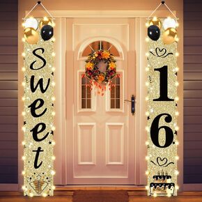 16th Birthday Party Banner Lighted Decorations for Girls Women-Gold Vintage Sweet 16 Birthday Door Banners with LED Light, Cheers to 16 Years Old Birthday Party Supplies Decor