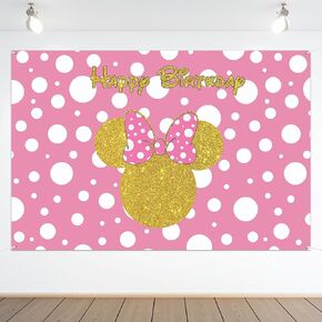 Happy Birthday Mouse Girl Themed Backdrop Banner Pink Cartoon Happy Birthday Theme Party Decorations Cheer to One/Two Years Old Photography Background Supplies for Girls