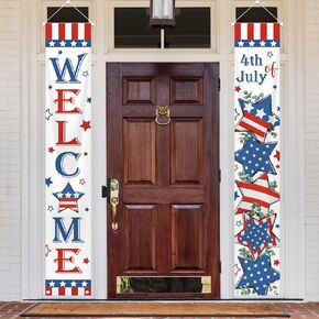 MEHOFOND Red White Blue July 4th Patriotic Porch Banner America Stars Stripes Memorial Day Hanging Banner for Front Door Independence Day Welcome Porch Banner Sign Home Decorations
