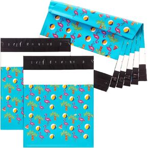 120 Pcs Flamingo Poly Mailers 10 x 13 Inch Blue Summer Tropical Self Adhesive Shipping Bags Bulk Watermelon Coconut Tree Beach Ball Printed Waterproof Mailing Envelopes for Small Business
