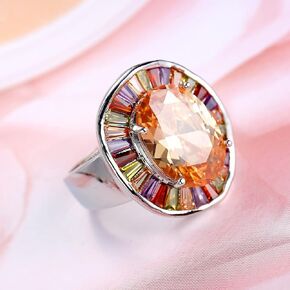 Luxury Fashion Ring Multi-Color Sterling Silver Champagne Cubic Zircon Wedding Engagement Fashion Ring Oval Wedding Ring，Rhodium Plated