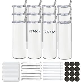8 Pack Sublimation Blanks, 20oz Sublimation Tumblers Skinny Straight with Lids and Straws Bulk, Stainless Steel Double Wall Polymer Coating for Heat Transfer Customized Gifts