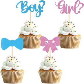 24Pcs Boy or Girl Cupcake Toppers Glitter Gender Reveal Cupcake Picks Kids Birthday Party Decors Baby Shower Party Cake Decoration Supplies (Blue&Pink A)