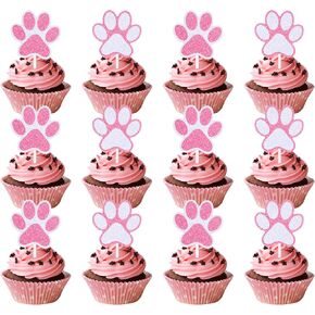 Puppy Paw Cupcake Toppers 24 PCS Pink White Glitter Dog Cake Cake Toppers Puppy Cat Paw Cake Decorations for Boys Birth in Kuwait