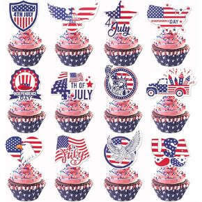 24 Pack 4th of July Cupcake Toppers, American Independence Day Patriotic Party Decorations, 4th of July Party Food Cake Drinks Appetizers Decor
