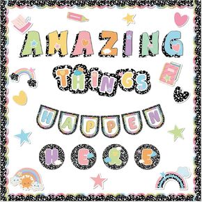 53Pcs Composition Classroom Bulletin Board Decor Girl Style Amazing Things Happen Here Positive Cutouts Inspirational Back to School Bulletin Board Sets for Teacher Students Office Home Wall Supply