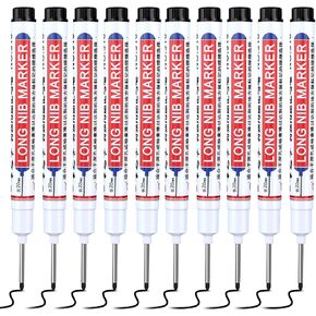 10Pcs Deep Hole Marker Pens, 20mm Long Head Drill Deep Nib Markers Multi-purpose Black Waterproof Carpenter Pens for Construction Bathroom Woodworking