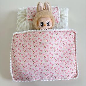 Bedding Set for 17cm labubu Doll, 3-Piece Pillow, Mattress & Blanket, Pink Heart, Yellow Pineapple & Pink Cake Designs (No Doll) (Pink Heart)