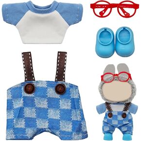 Doll Clothes Set for 17cm, 4-Piece Blue Outfits with Glasses, Shirt, Overalls & Shoes, Designer Clothing Set, Cute Clothes for Dress up Unique Style, No Doll Included
