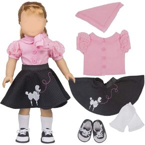 Poodle Skirt Doll Outfit for American 18" Girl Dolls (5 Piece Set) - 1950's Costume Clothes Include Scarf, Skirt, Shirt, Socks, Shoes