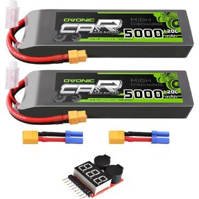 OVONIC 11.1V 120C 5000mAh 3S Lipo Battery Hard Case with EC5 Plug for RC Car RC Helicopter RC Truck RC Truggy Airplane Quadcopter UAV Drone FPV (2 Packs)(with Lipo Voltage Checker)