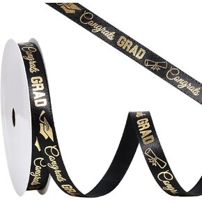 Class of 2025 Graduation Ribbon, Gold Congrats Grad Black Satin Ribbon for Gift Wrapping Crafts Party Decoration, 3/8 Inch × 10 Yard