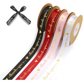 4 Rolls Thank You Ribbons for Gift Wrapping, 40 Yards Polyester Ribbons with “Thank You Printing 4 Color Satin Ribbon for Wedding Favor, Box Decoration and Crafts (red,Pink,Black,White)