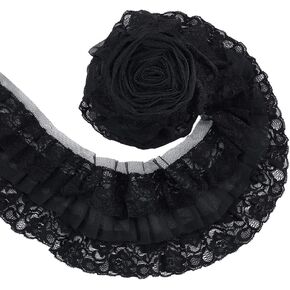 UNICRAFTALE 4.37 Yards 3 Layer Pleated Organza Lace Edge Trim 4 Inch Wide Gathered Ruffle Chiffon Ribbon Black Pleated Edging Trimmings Fabric for Cloth Sewing Embroidered Applique