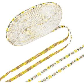 Embroidery Ribbon 20 Yards 3/8 inch Wide Yellow Flower Jacquard Ribbon Leaf Jacquard Floral Webbing Trim Single Face Emobridered Woven Ribbon Fabric Trim Fringe for DIY Clothing Decoration