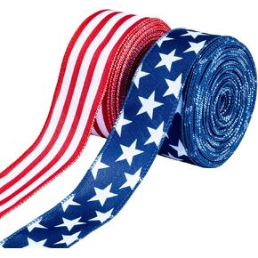 2 Rolls 30 Yard Red White and Blue Ribbon Patriotic Star and Striped Wired Royal USA Ribbon DIY Crafts for 4th of July, Independence Day, Memorial Day (Red, White, Blue, 1.5 inch)