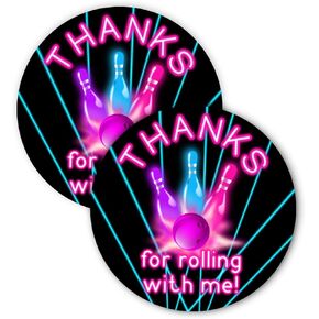Bowling Party Favor Stickers - 20 Bag Tags - Thank You Tags - Party Supplies and Decorations - Glow Pink