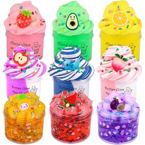9 Pack Scented Slime Kit,with 3 Butter 3 Jelly Cube Crunchy and 3 Cloud Slime,Axolotl Peach Watermelon Strawberry Apple Fruit Theme,Toys Kit Xmas Gifts for Classroom Rewards Teens Girls