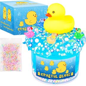 Blue Crystal Slime with Cute Yellow Ducks & Beads – Soft, Non-Sticky Sensory Toy with Foam Beads for Kids & Teens – Stress Relief & DIY Gift for Girls and Boys