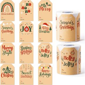 Haooryx Christmas Winter Gift Tags - 600pcs Christmas Tree Gift Wrap Tags 12 Designs Xmas Self-Adhesive Kraft Paper Writable Name Label Sticker Giftwrap Name Tag Stickers New Year Envelope Card Decor