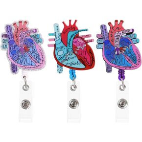 3 Pack Heart Badge Reel Retractable Reel ID Card Clip Heart Anatomy Name Tag Badge Holder Cardiac Badge Reels for Nurse Doctor Medical Assistant Student Funny Nursing Alligator Clip Badge Accessories
