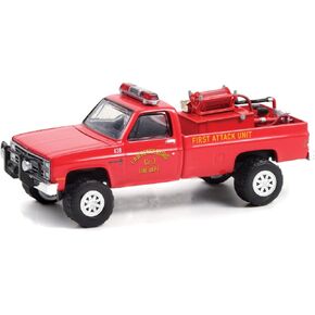 1986 Chevy C20 Custom Deluxe Pickup Truck Red First Attack Unit with Fire Accessories Lawrenceburg Fire Dept (in) 1/64 Diecast by Greenlight 67010 A