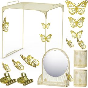 Gold Locker Accessories Kit, Back to School Essentials Include Shelf Magnetic Mirror Pen Holder Clips and 3D Butterfly Sticker Locker Organizer Supplies for Girls School Office (Gold)